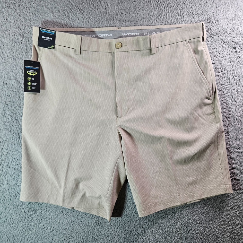 NWT Roundtree‎ & Yorke Performance Shorts Men 40 x 9" Flat Front Geometric Sand